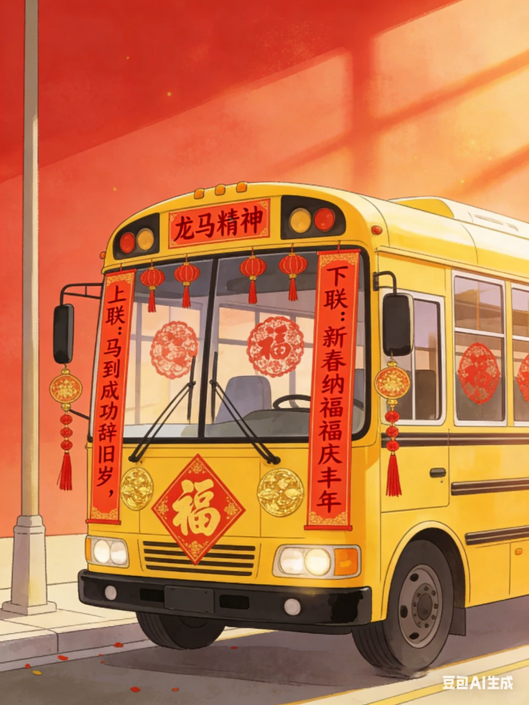 校車新年貼對聯：方寸紅紙間，載滿守護與期許